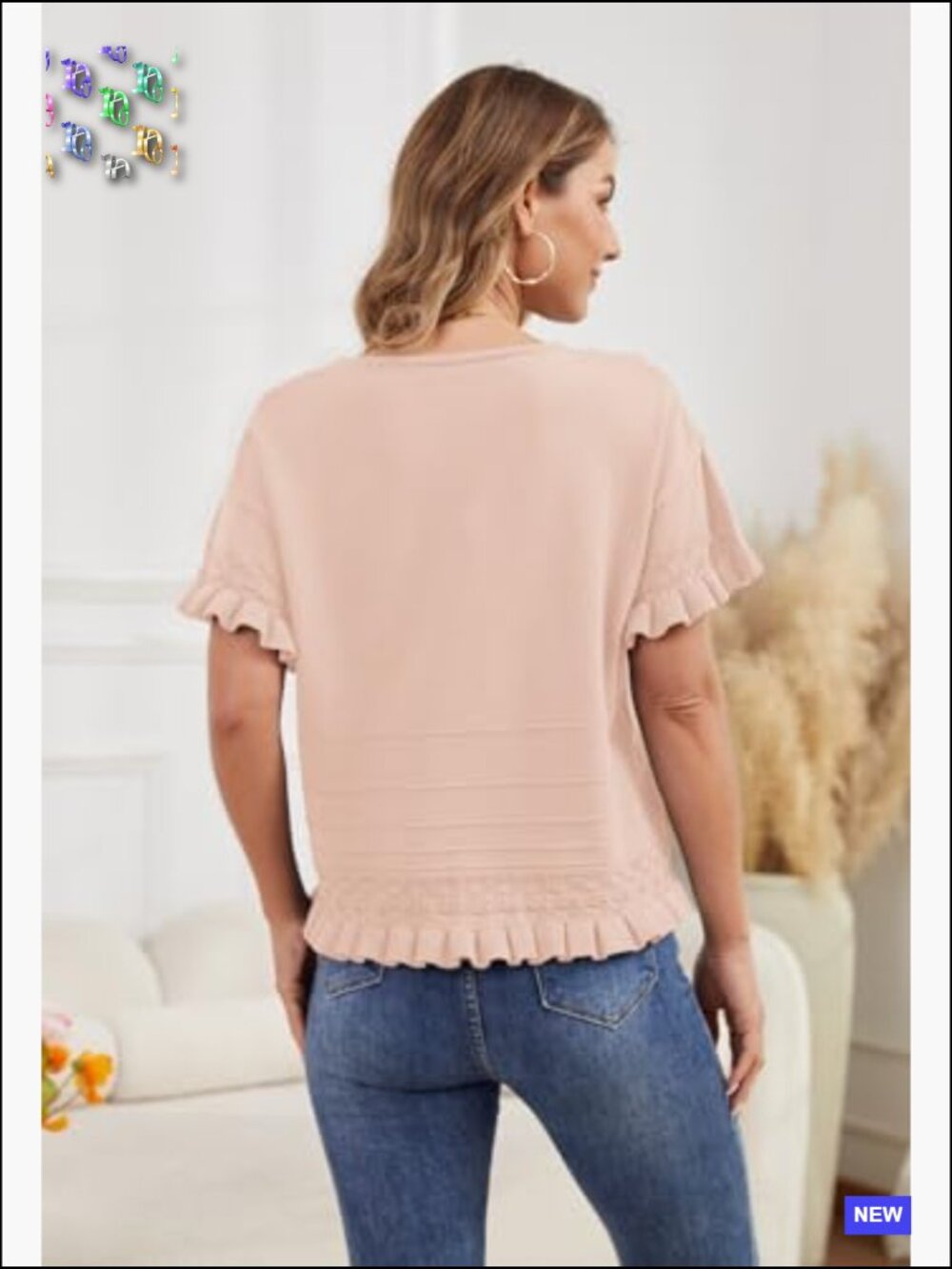 Oversized Knit Cropped Sweater Short Sleeve Crewneck Ruffle Hem Blouse - Picture 4 of 7